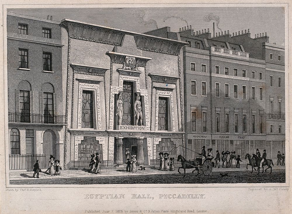 Bullock's Museum, (Egyptian Hall or London Museum), Piccadilly. Engraving by A. McClatchy, 1828, after T. H. Shepherd.