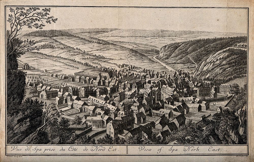 Spa, Belgium: bird's eye view from the north-east. Etching by H.J. Godin after A. Le Loup.