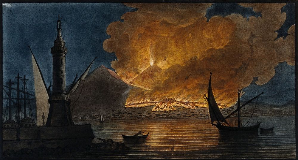 Mount Vesuvius in eruption in 1767, from the mole at Naples. Coloured mezzotint by Pietro Fabris, 1776, after his painting…
