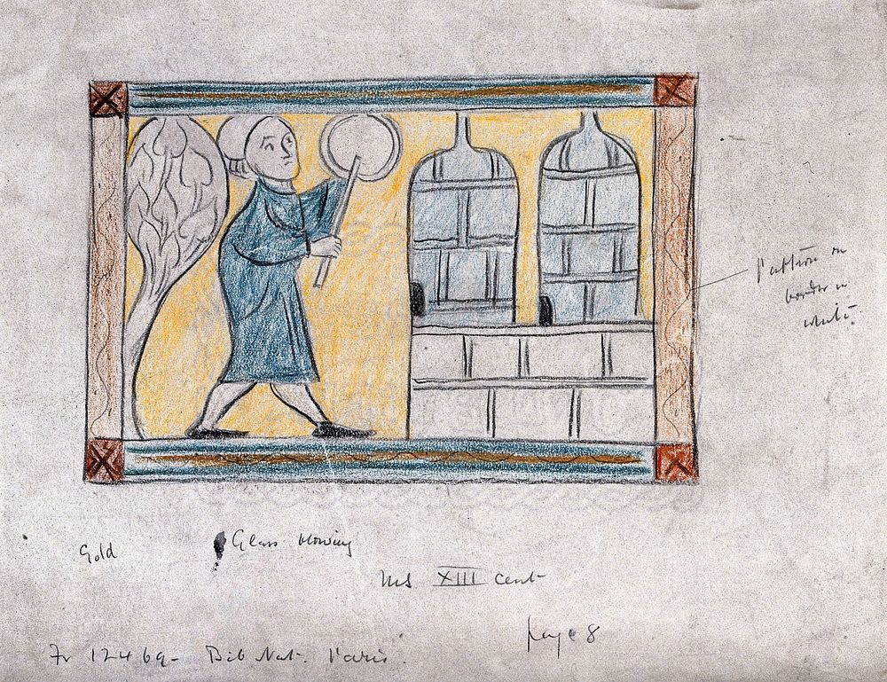 Glass: a mediaeval glass-maker at work beside his furnace. Coloured pencil drawing, [n.d., twentieth century], after a…