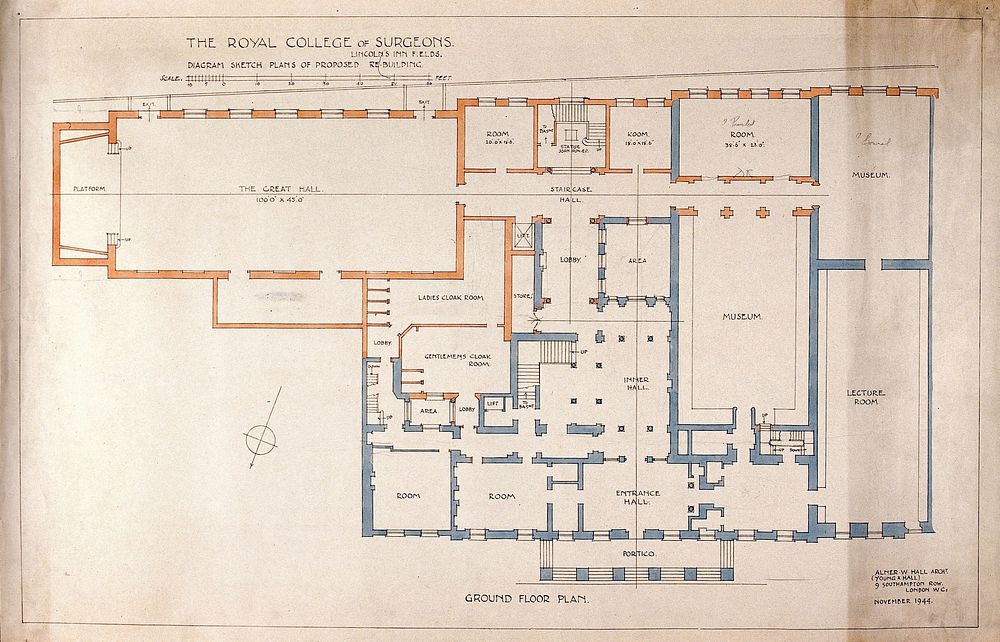 Proposed rebuilding of the Royal College of Surgeons of England: plan of ground floor. Watercolour by Alner W. Hall (Alner &…