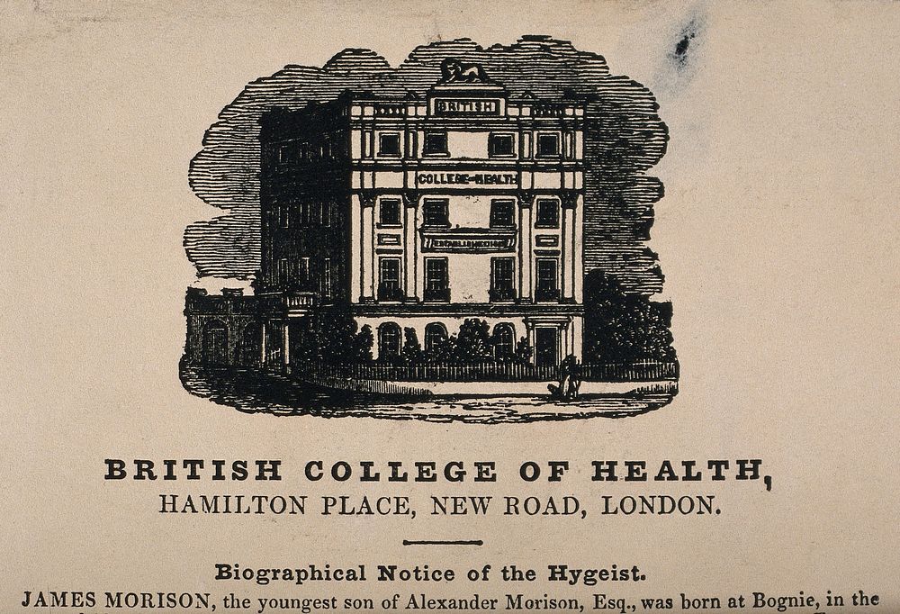 The British College of Health, Hamilton Place, near Pentonville Road. Wood engraving, 1840.