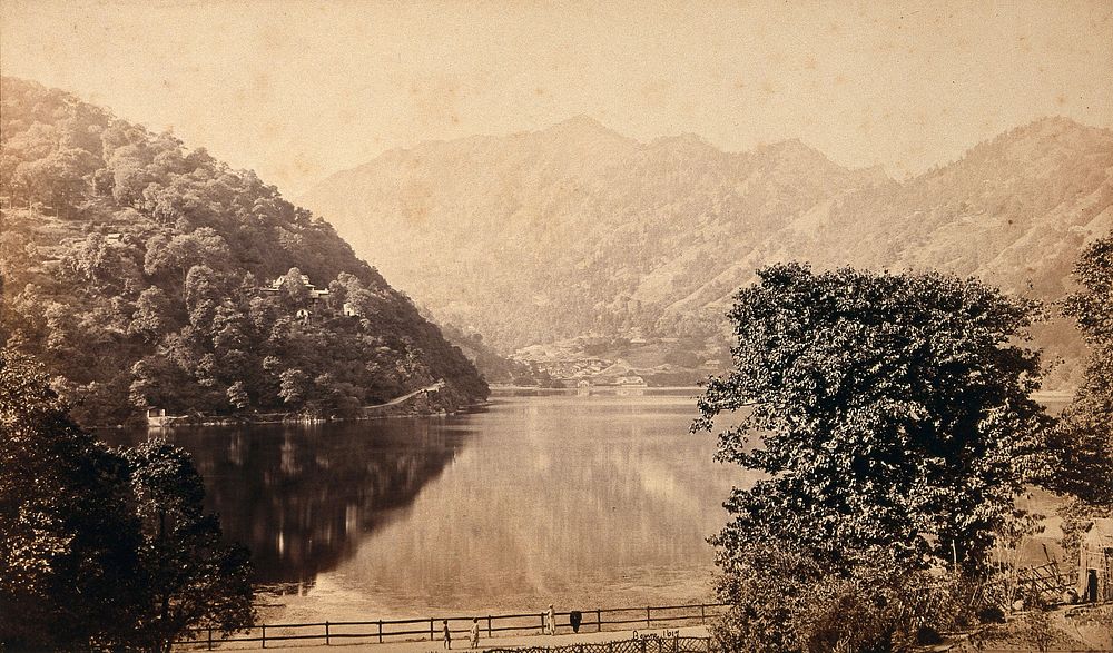 Naini Tal, Uttarakhand: a lake surrounded by hills. Photograph by Samuel Bourne, ca. 1870.