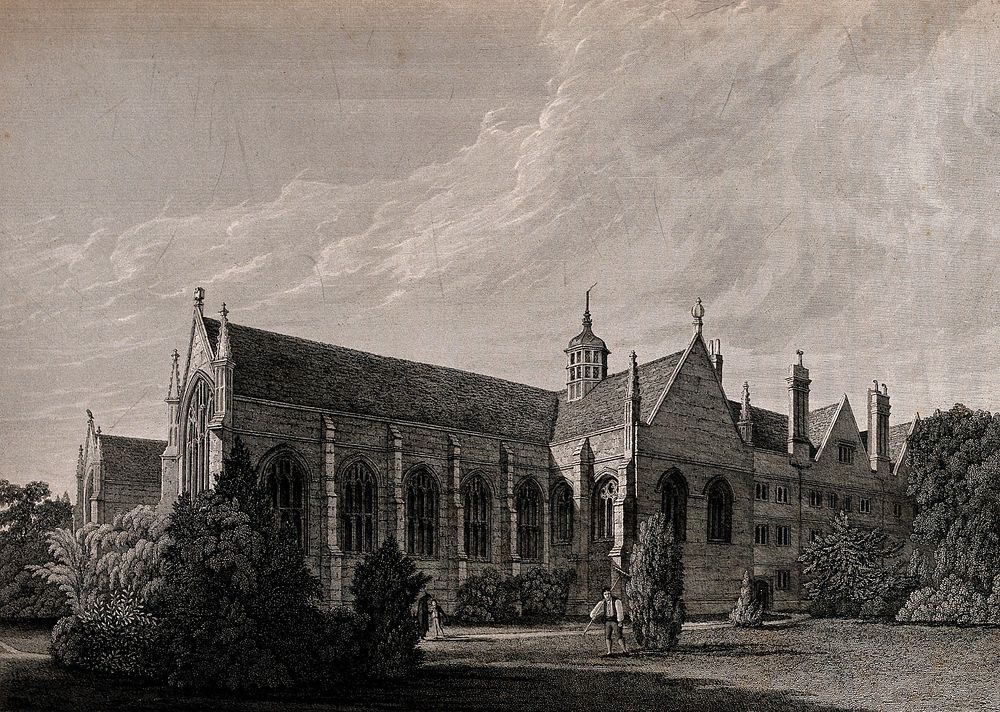 Wadham College, Oxford: from the garden. Line engraving by J. Skelton after C. Wild.