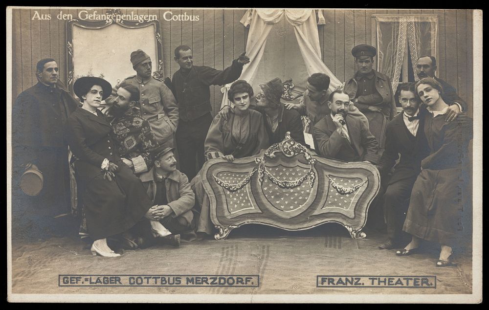 French prisoners of war performing a play at a prisoner of war camp in Cottbus. Photographic postcard by P. Tharan, 1916…