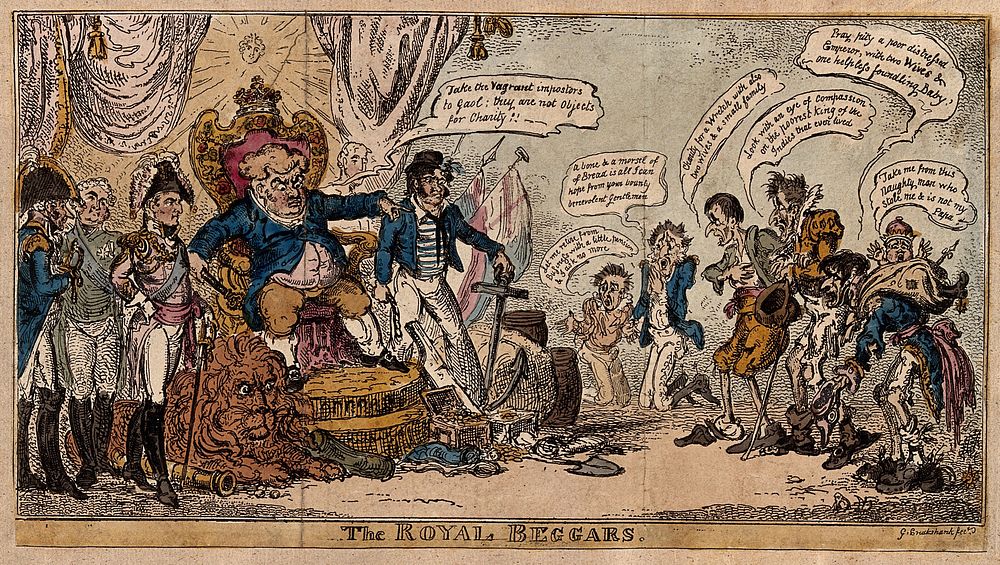 John Bull on a throne receiving emaciated and tattered supplicants for charity, including Napoleon. Coloured etching by G.…