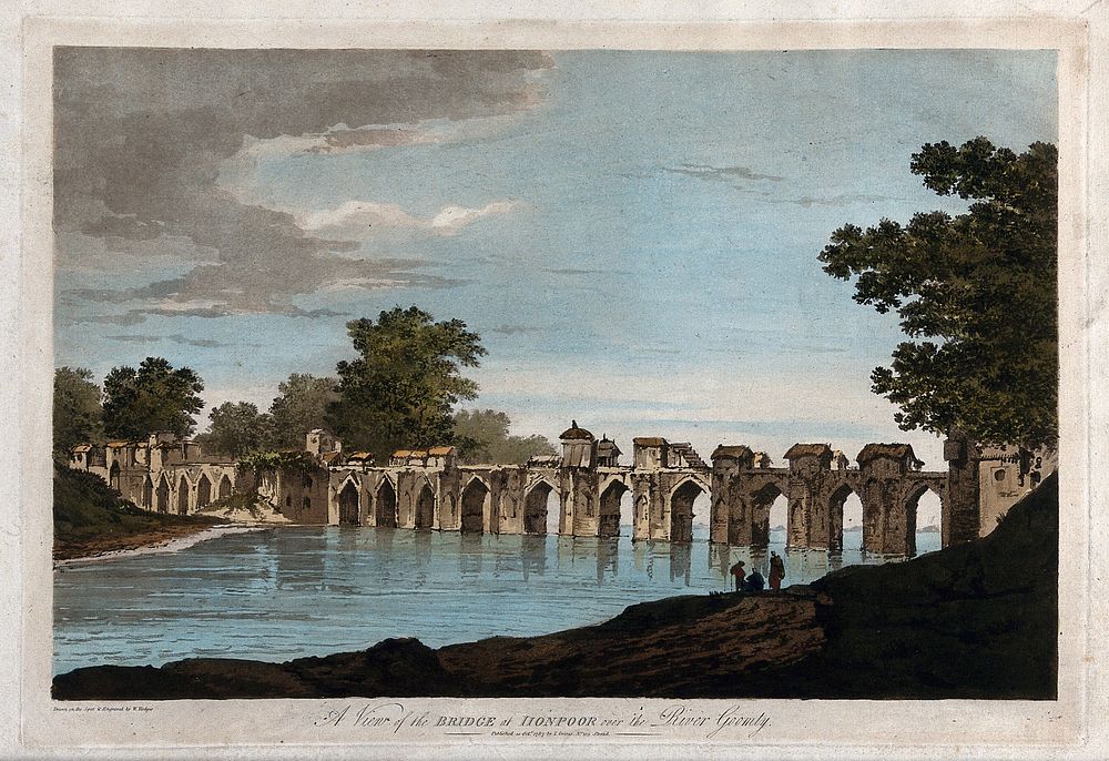Bridge over the river Gomati at Jaunpur, Uttar Pradesh. Coloured etching by William Hodges, 1787.