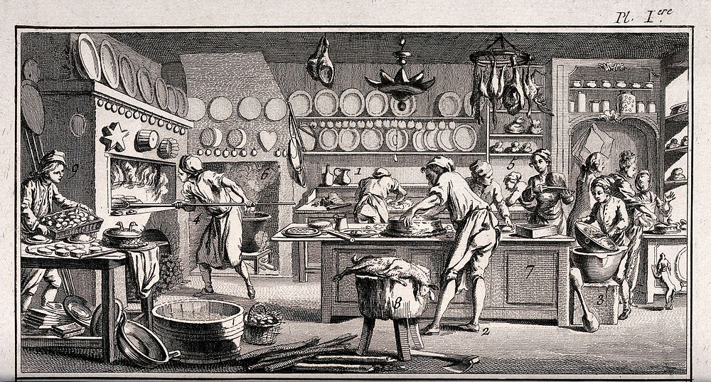 Many people are busy in the baker's kitchen preparing cakes, pastries, pies and bread. Engraving by Benard.