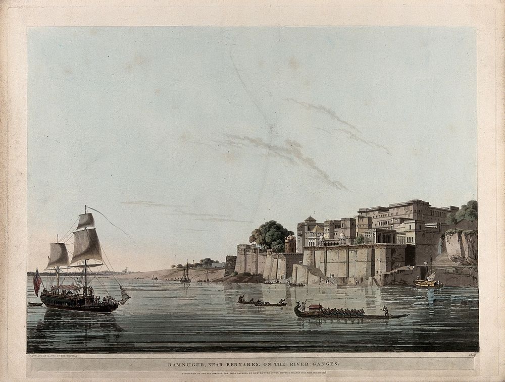 Boats on the Ganges at Ramnagar, Uttar Pradesh. Coloured aquatint by Thomas Daniell, 1796.