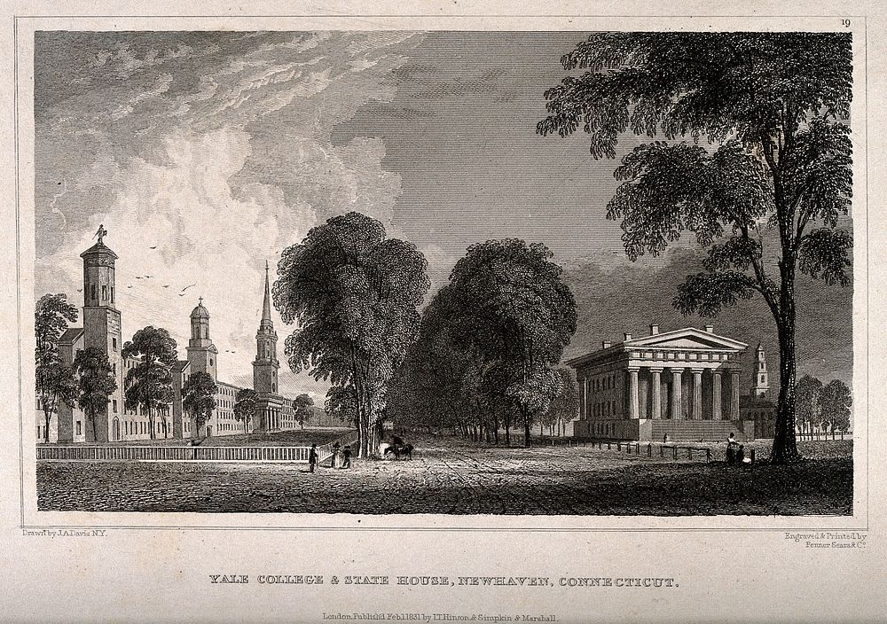 Yale College, New Haven, Connecticut: with State House. Engraving by Fenner Sears & Co., 1831, after J.A. Davies.