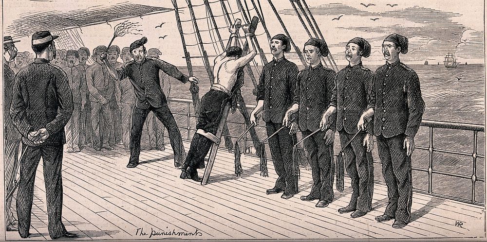 A sailor is stripped to the waist, tied to a ladder and being flogged with a cat-o'-nine-tails while four sailors are…