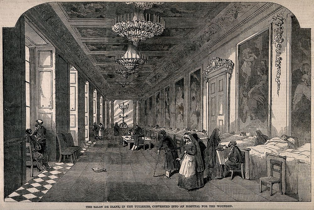 Franco-Prussian War: Galerie de Diane, Tuileries Palace, shown as a hospital ward for the wounded. Wood engraving by Smyth…