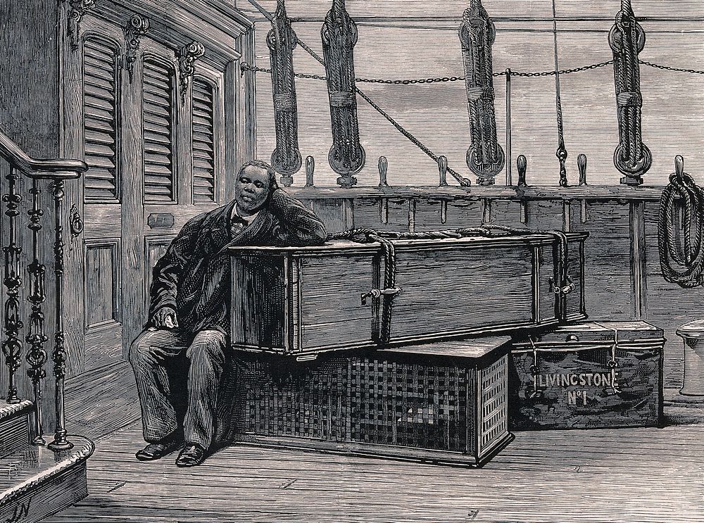 Jacob Wainwright sitting next to the coffin of David Livingstone on board ship. Wood engraving by J. Nash, after a…
