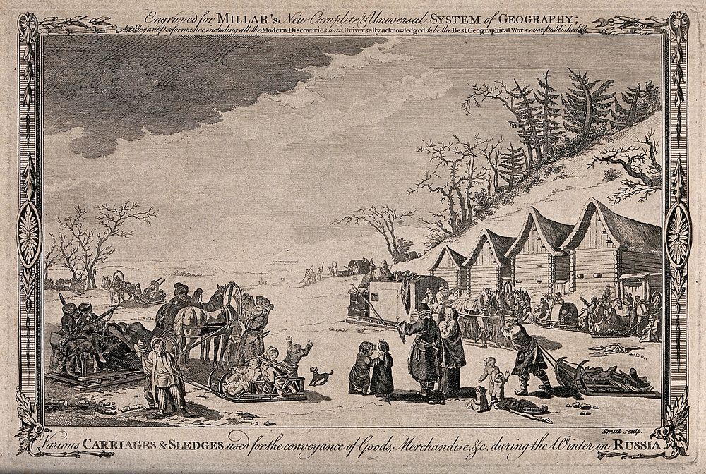 Russia: people carrying goods on sledges over the snow. Engraving by Smith, 1785.