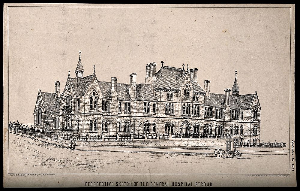 General Hospital, Stroud, Gloucester: perspective sketch. Photolithograph by W. & A.K. Johnston, 1874.