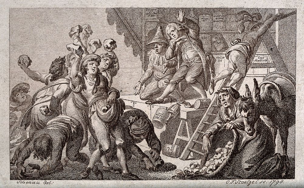 An itinerant medicine vendor and his assistants being pelted off stage with stones from an angry audience. Engraving by C.F.…