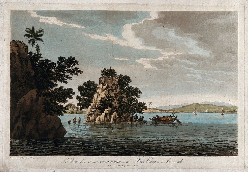 Large rock in the river Ganges, India. Coloured etching by William Hodges, 1787.