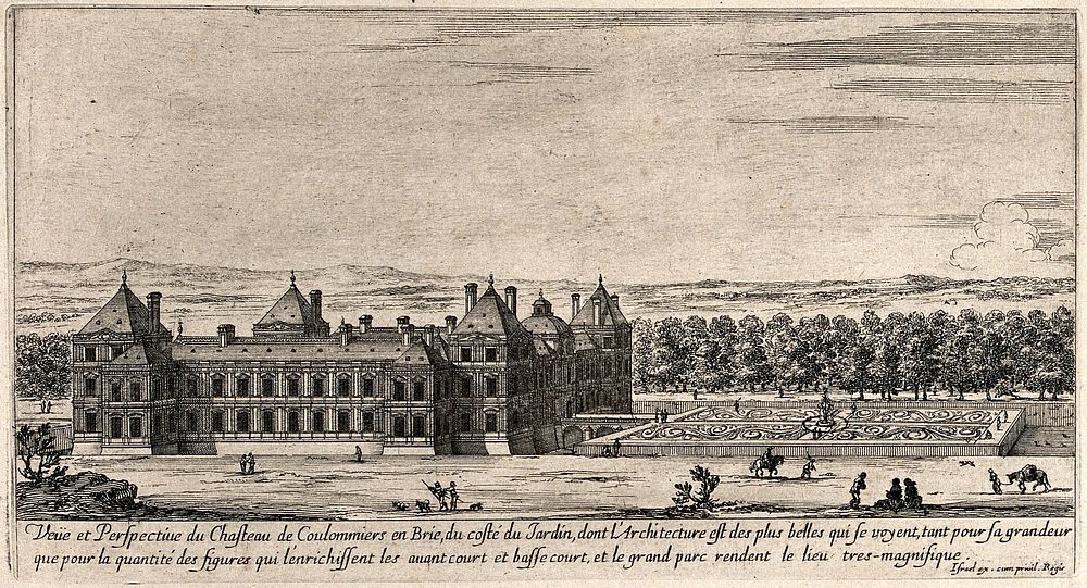The castle and gardens at Coulommiers in Brie. Etching.