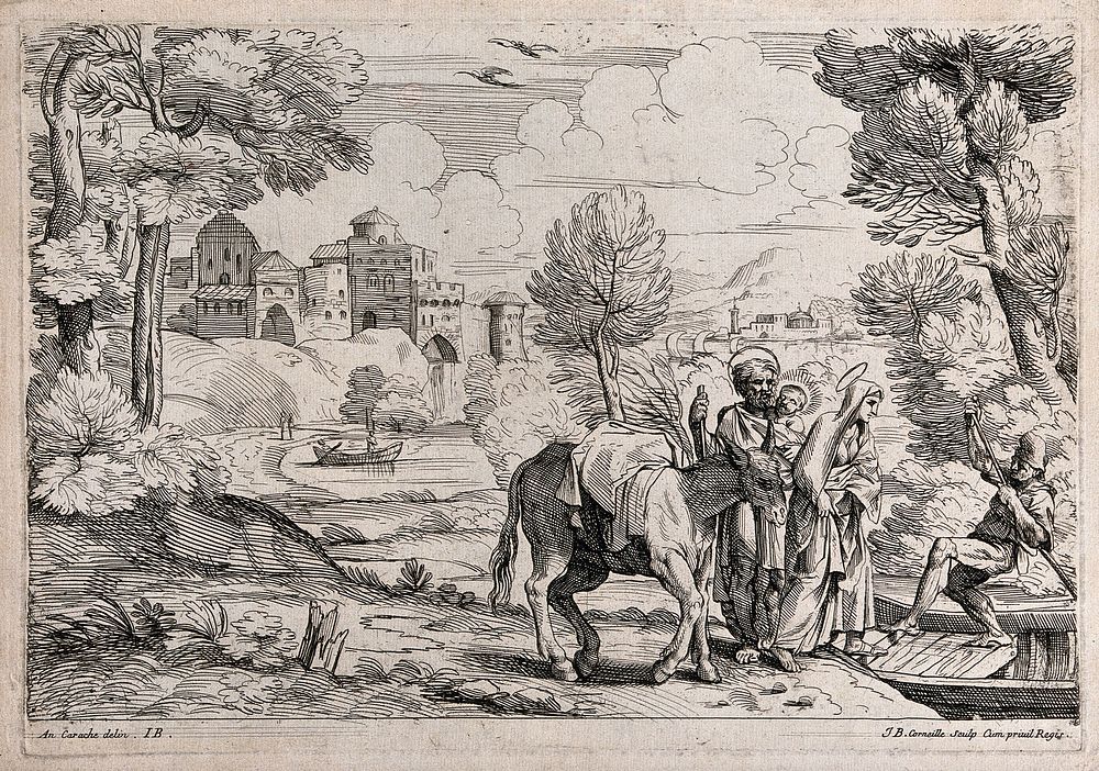 The fugitive holy family board a barge across a river. Etching by J.B. Corneille after Annibale Carracci or D. Zampiere, il…