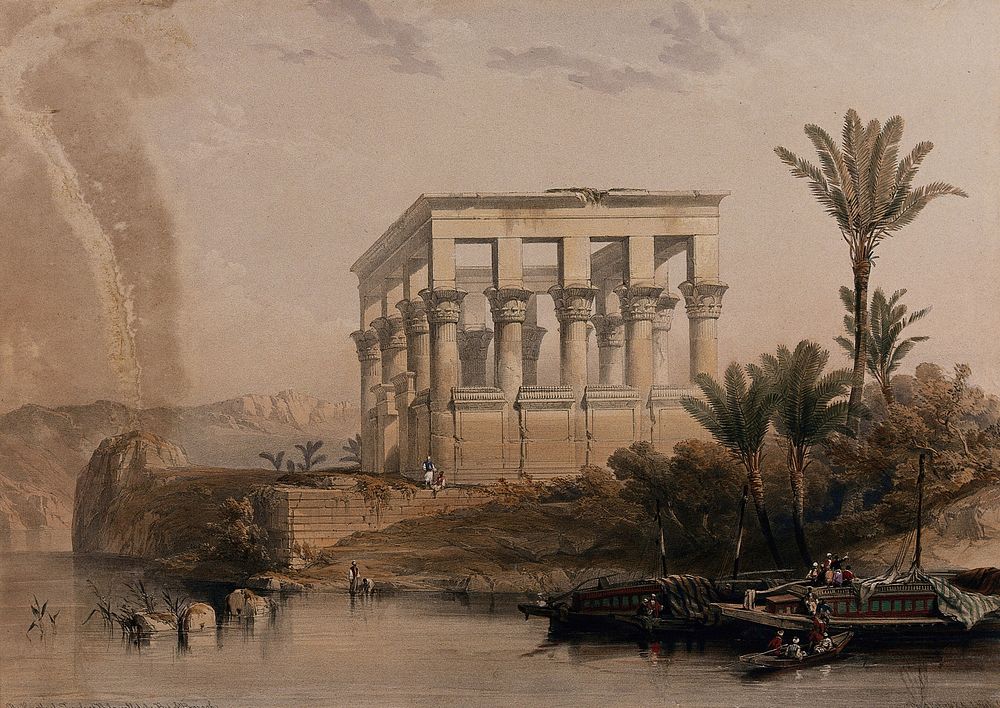 The hypaethral, or roofless, temple on the island of Philae, Egypt. Coloured lithograph by Louis Haghe after David Roberts…