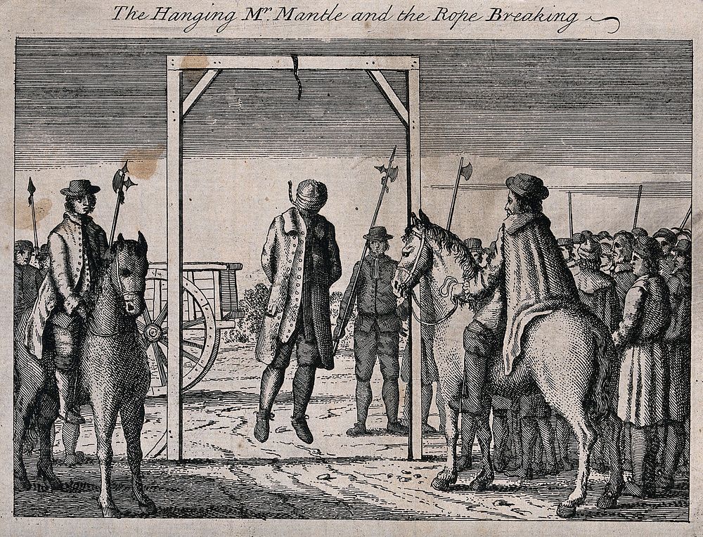 Mr. Mantle is hung on a gibbet with the rope breaking under his weight while men carrying halberds are looking on. Etching.