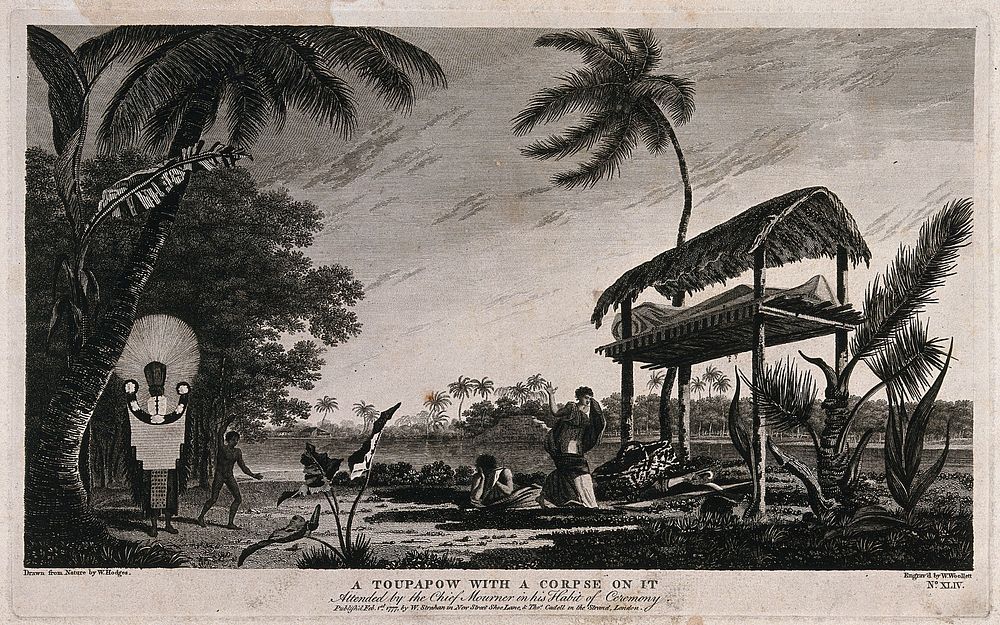 A funerary monument (toupapow) with a corpse on it, encountered by Captain Cook in Tahiti on his second voyage, 1772-1775.…