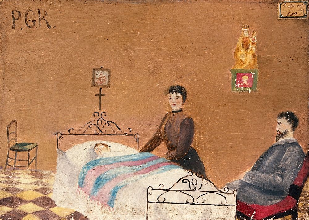 A child in bed, its parents praying to the Madonna del Parto. Oil painting.