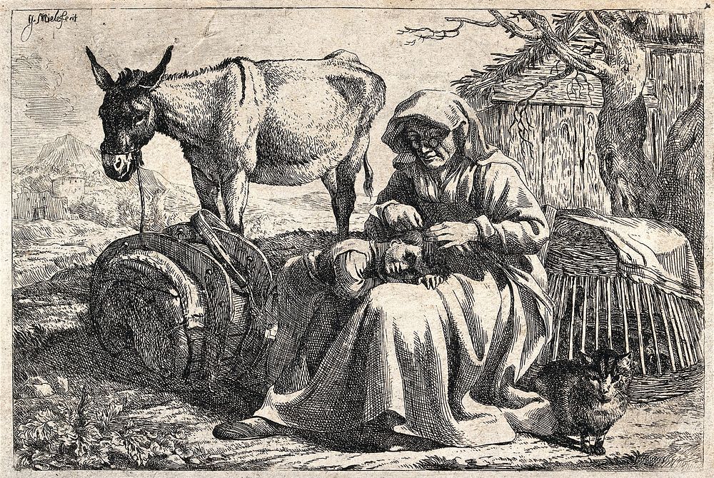 A woman wearing spectacles picking fleas from a child's head. Etching by J. Miel.