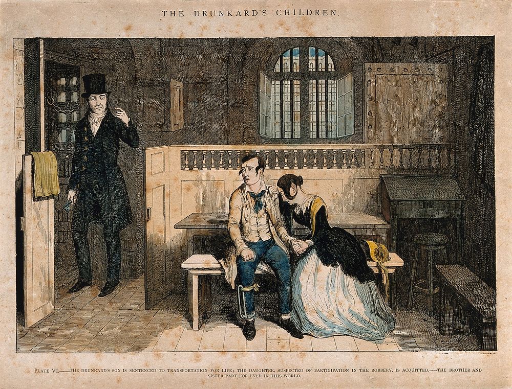 A convicted thief sits in prison with his distraught sister who has been acquitted. Coloured etching by G. Cruikshank, 1848…