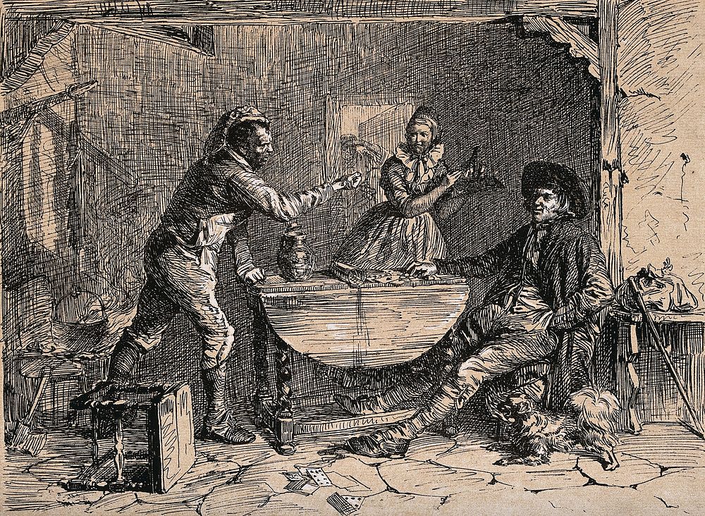 A man has his fist raised against another man as playing cards lie all around, a woman carrying a tray recoils in fright.…