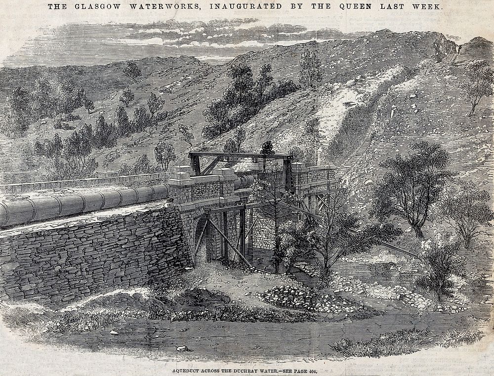 Aqueduct across the Duchray water. Wood engraving.