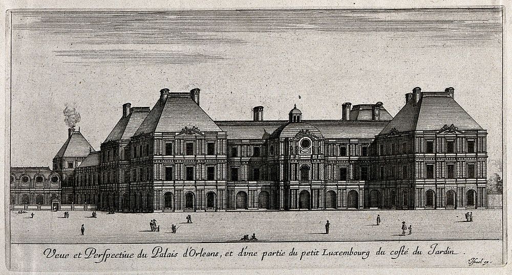 The Palais d'Orleans and a part of the Petit Luxembourg seen from the gardens. Etching.