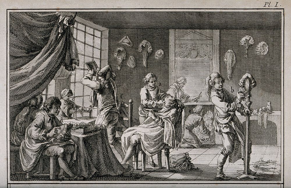 A barber's and wig-maker's establishment, above; shaving bowls, flasks and razors, below. Engraving by R. Bénard after J.R.…