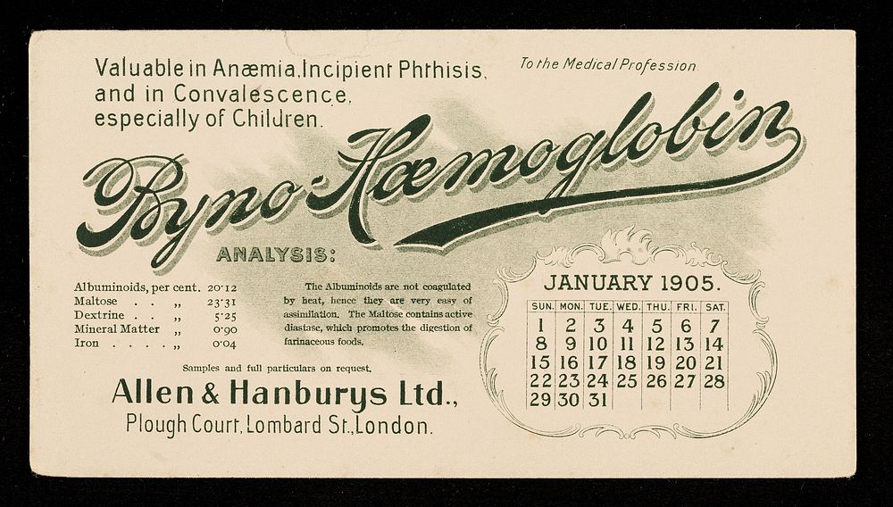 Byno-Haemoglobin : valuable in anaemia, incipient phthisis, and in convalescence, especially of children : January 1905.