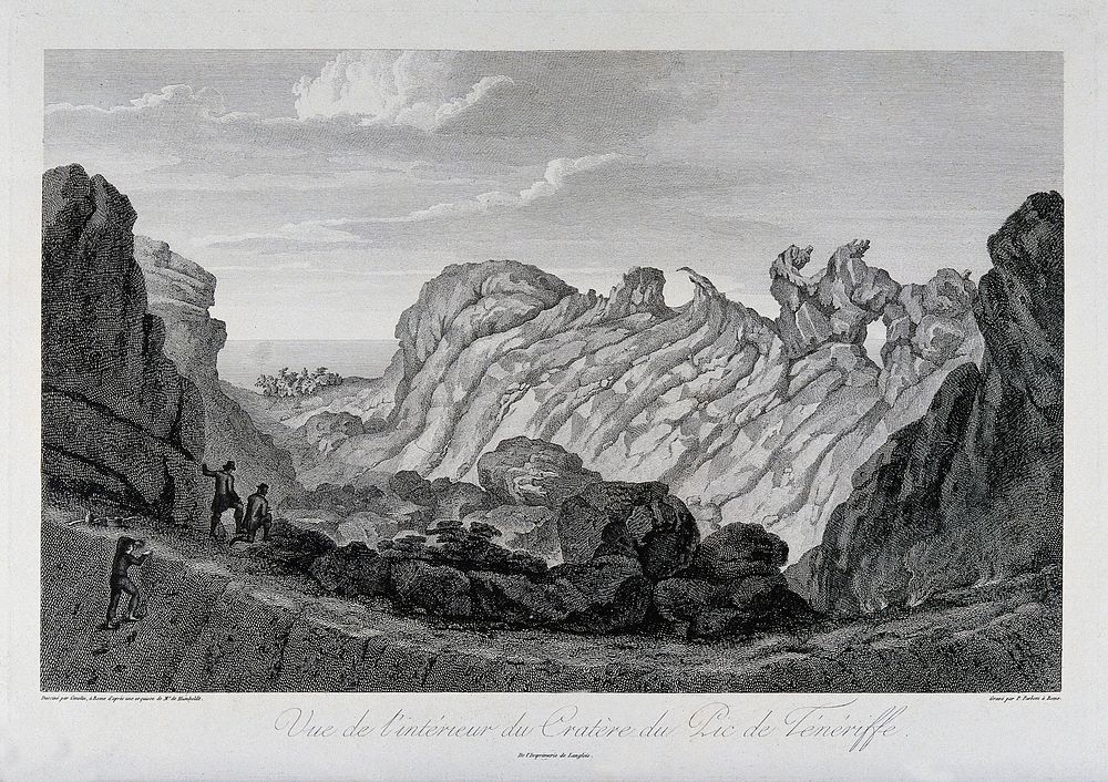 The interior of the crater of Pico de Teide, Tenerife. Etching by P. Parboni after J.G. Gmelin after A. von Humboldt.