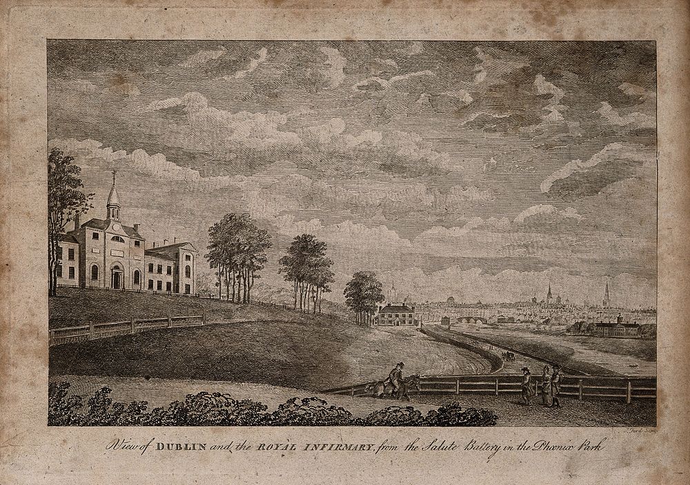 The Royal Infirmary from the Salute Battery in Phoenix Park, Dublin, Ireland. Etching by J. Ford.