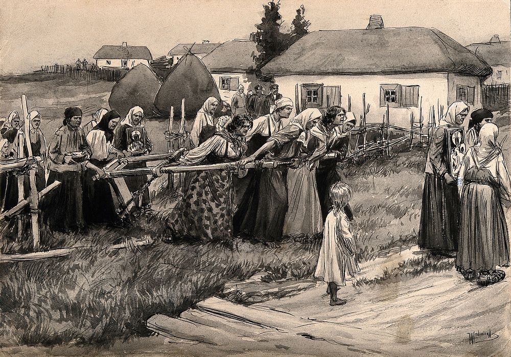 A religious cholera procession in rural Russia. Pen drawing by I.A. Wladimiroff.