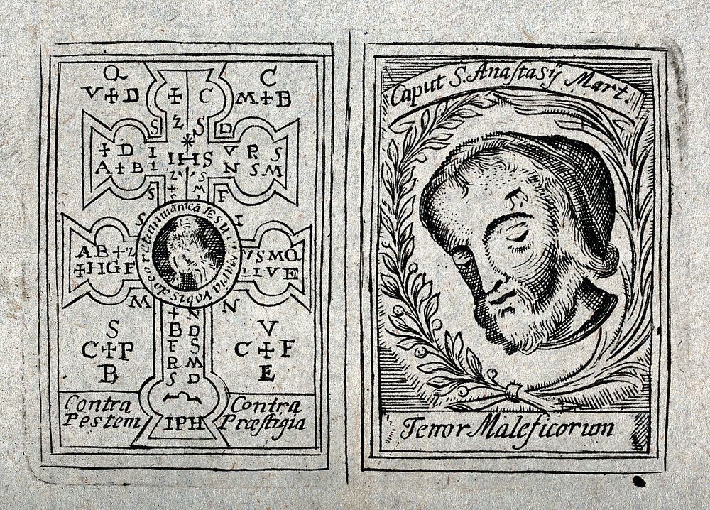 Saint Anastasius: his head as an amulet against plague and witchcraft. Line engraving, 17--.