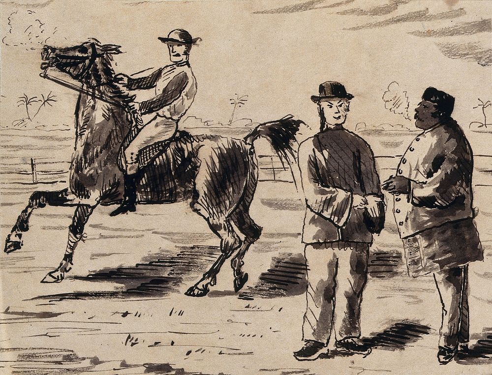 Singapore: two race-going celebrities talk as a race horse is ridden past them. Pen and ink drawing by J. Taylor, 1881.