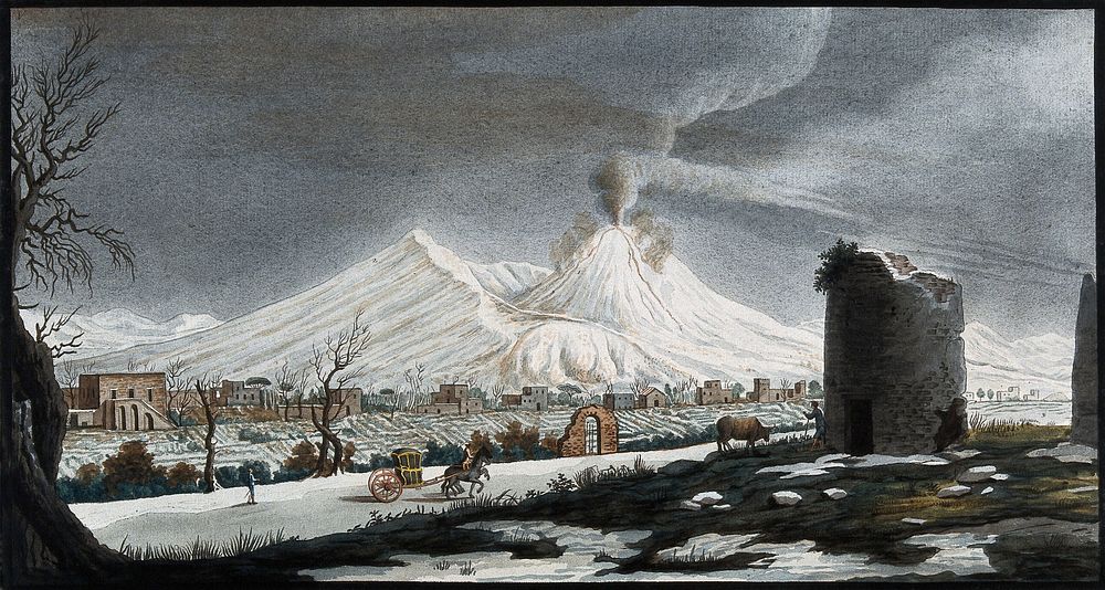 Mount Vesuvius in winter, covered with snow. Coloured etching by Pietro Fabris, 1776, after his painting, ca. 1754.