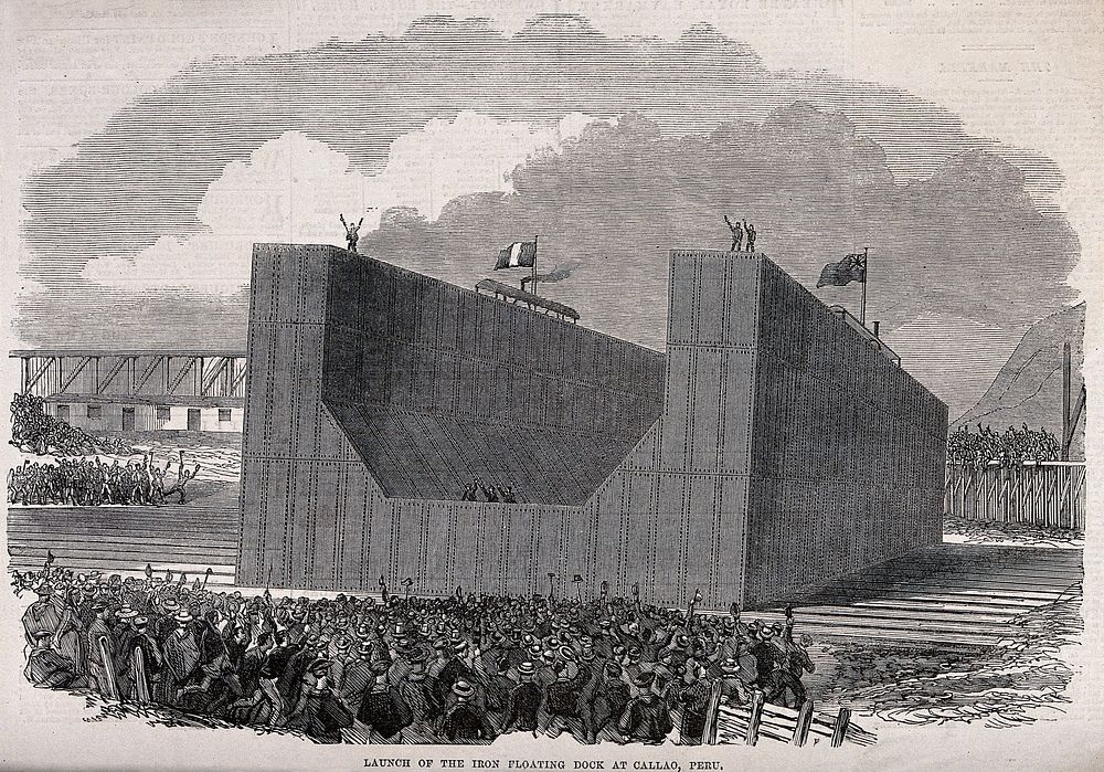 Civil engineering: the launch of a floating dock in Peru. Wood engraving after T. E. Wilmot.