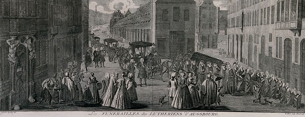 A Lutheran funeral in the city of Augsburg. Engraving by B. Picart, 1732, after Catherine Sperling.