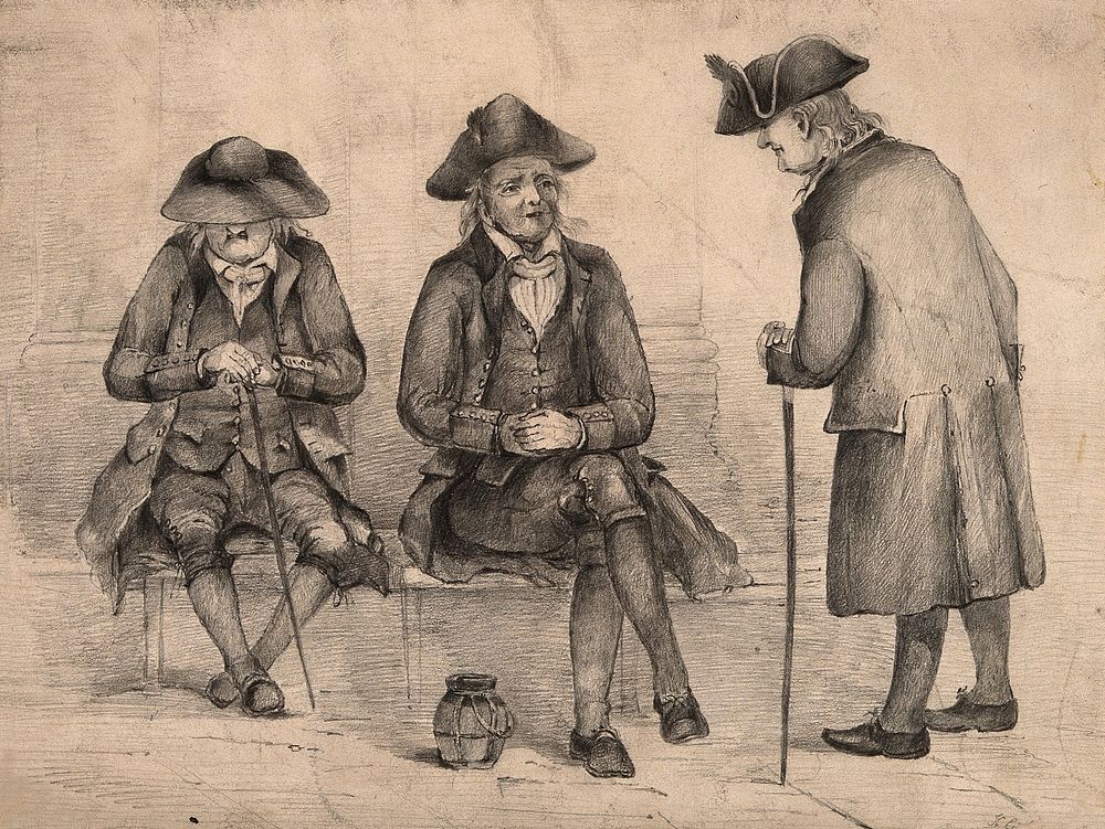 Three old veterans, two sitting, one standing. Pencil drawing.