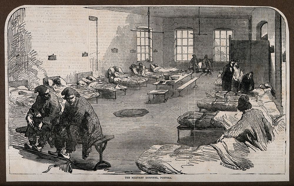 A hospital ward in the military hospital, Portsea. Wood engraving by W. Thomas, 1855.