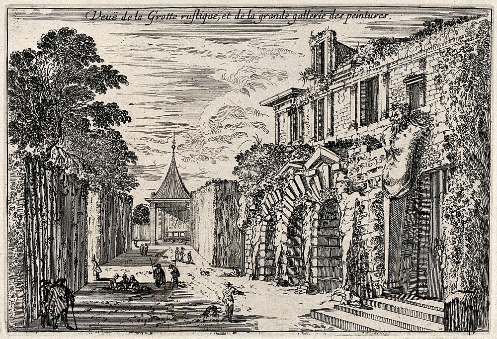 The grotto and the Grande Gallerie des Peintures at Fontainebleau. Etching.