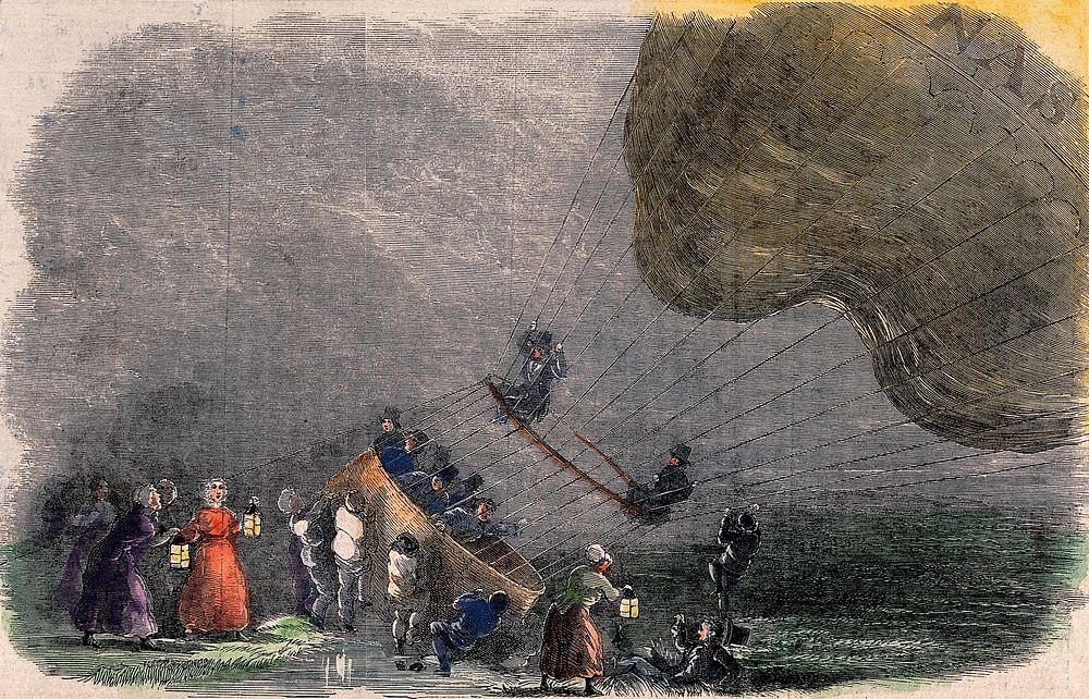 A balloon piloted by Charles Green crash-lands on Pirbright Common, Surrey, in 1852. Coloured wood engraving.