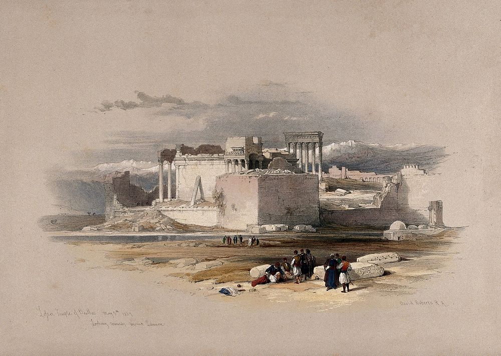 Temple at Baalbec, looking westwards. Coloured lithograph by Louis Haghe after David Roberts, 1843.