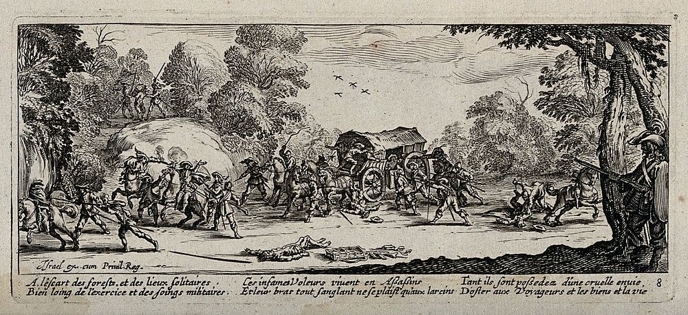 Soldiers attacking a coach on a country road. Etching after Jacques Callot, ca. 1633.