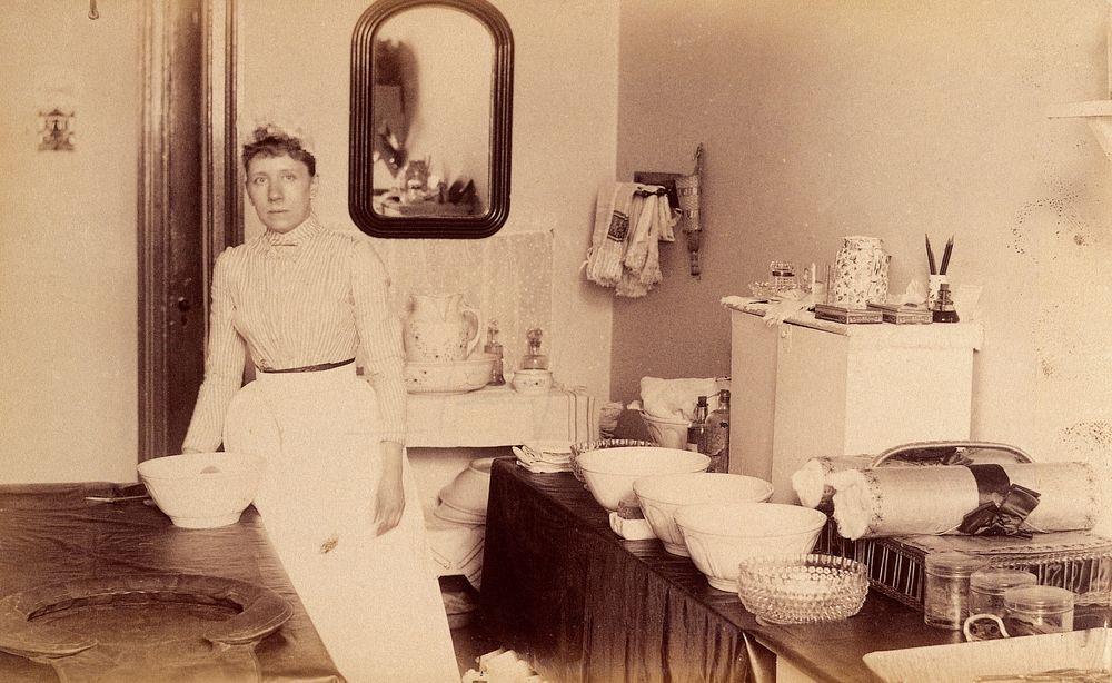 Bellevue Hospital, New York City: a woman (nurse) with bowls and cotton wool etc. on a sideboard. Photograph.