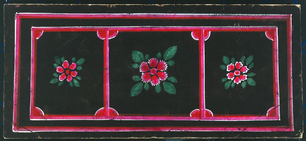 Flowers and leaves: trompe l'oeil paintings on the covers of a Burmese parabaik. Gouache painting.